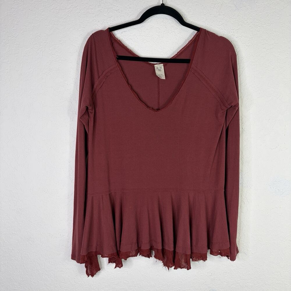 We The Free Free People Maroon Peplum Hem Long Sleeve Blouse Size S, boho, cool